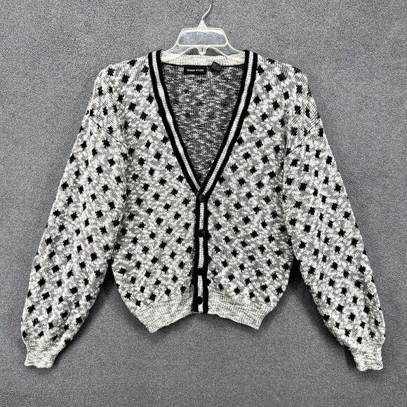 Design Studio Sweater Womens Medium Gray Black dots Cardigan Knit preppy - Picture 1 of 15